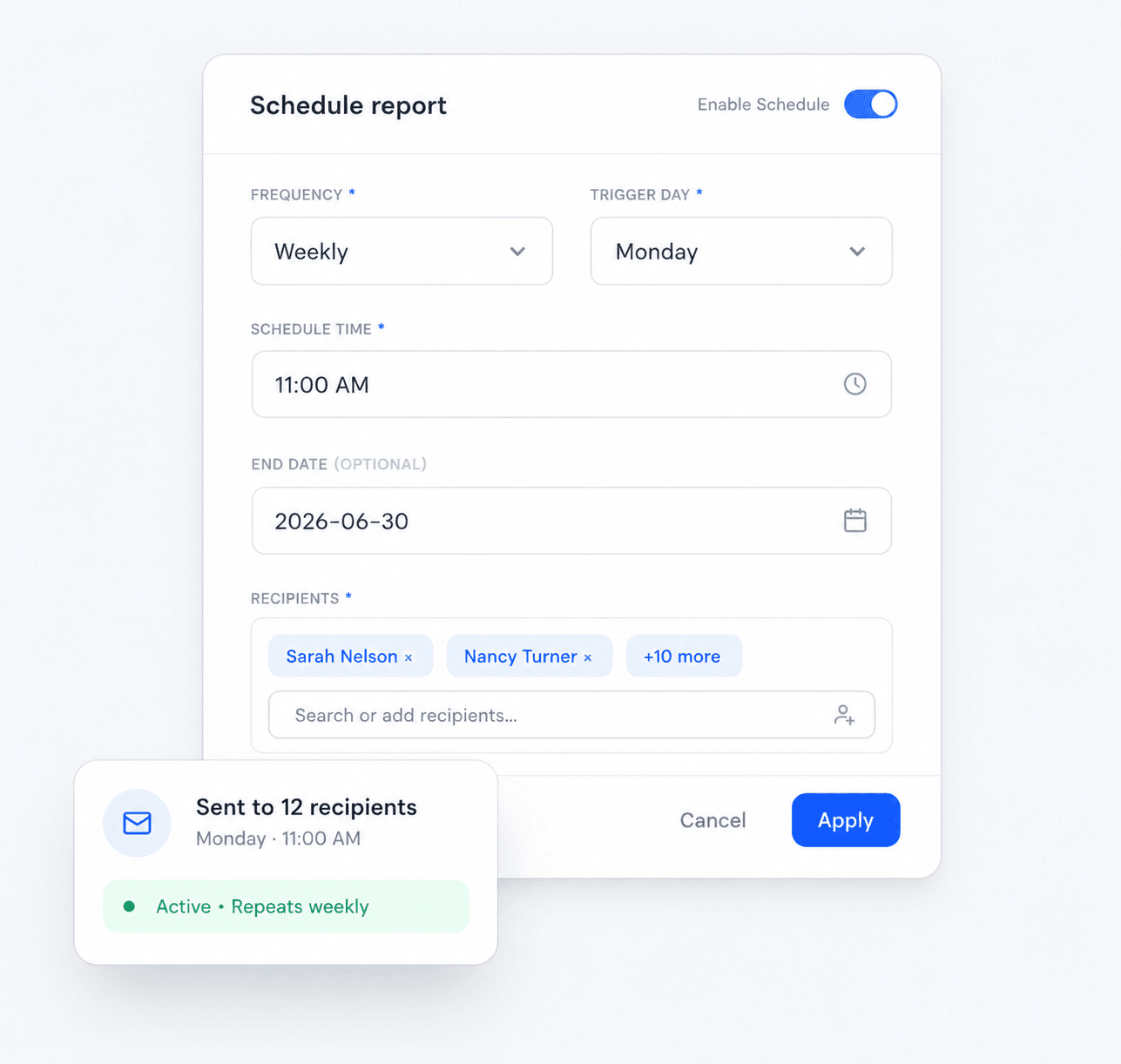 Schedule report dialog with frequency, trigger day, time, and recipients