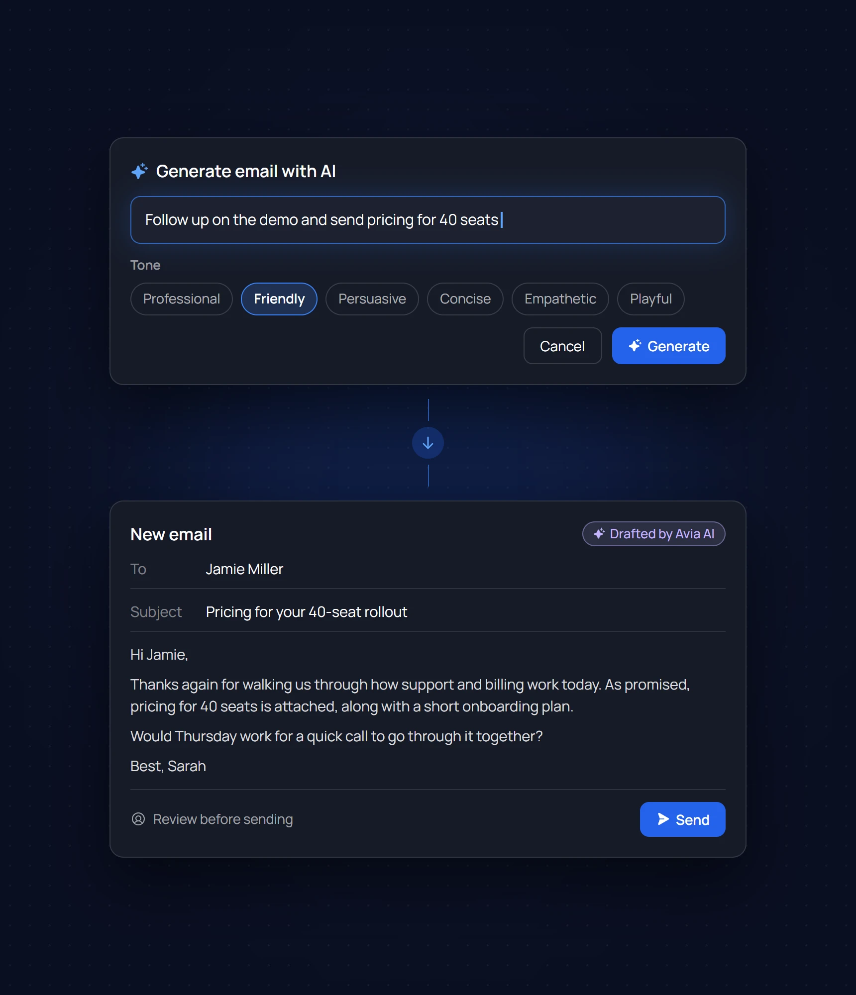 Generate email with AI: a one-line prompt and a Friendly tone produce a drafted follow-up email the rep reviews before sending