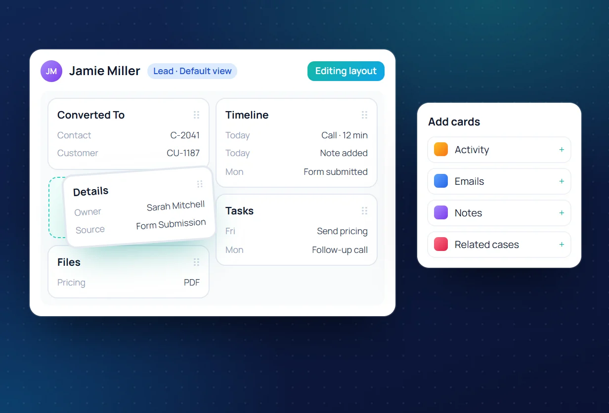 Editing a lead's record layout: the Details card being moved between Converted To, Timeline, Tasks and Files, with an Add cards panel