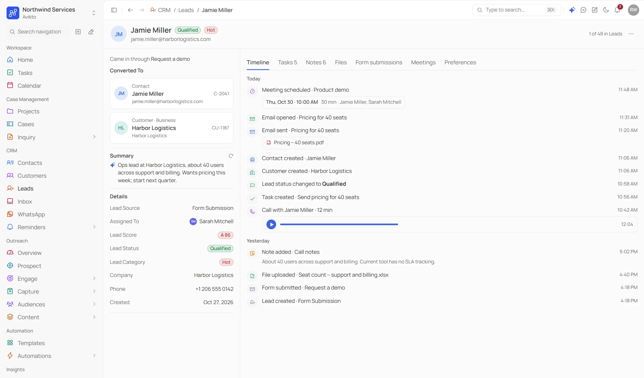 Avikto lead record for Jamie Miller: converted to a contact and a business customer, an AI summary, lead details and the activity timeline with a recorded call