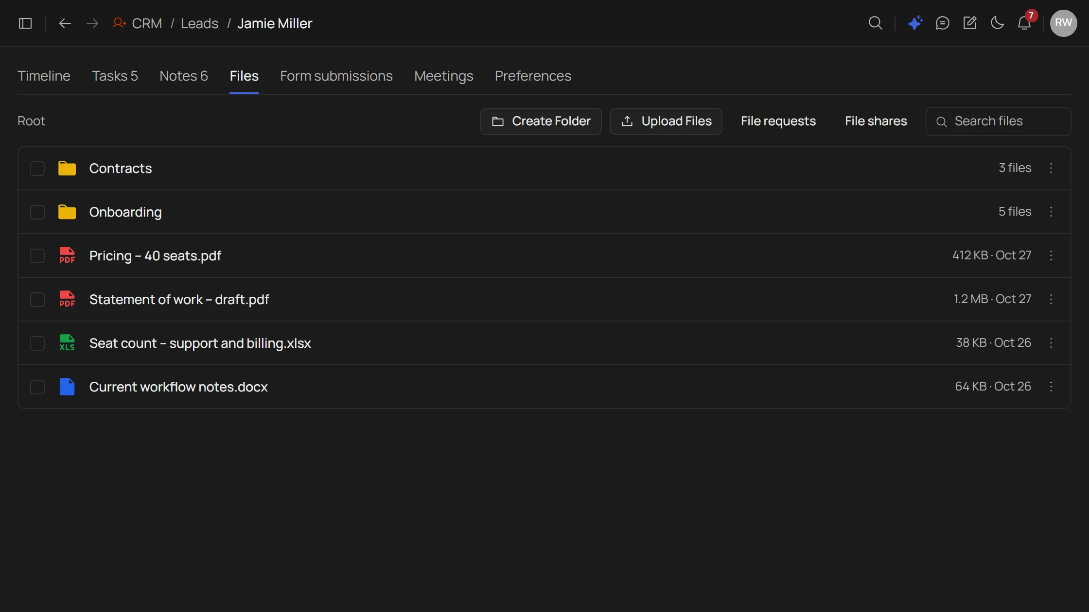 Files tab on a lead record with folders, PDFs and a spreadsheet