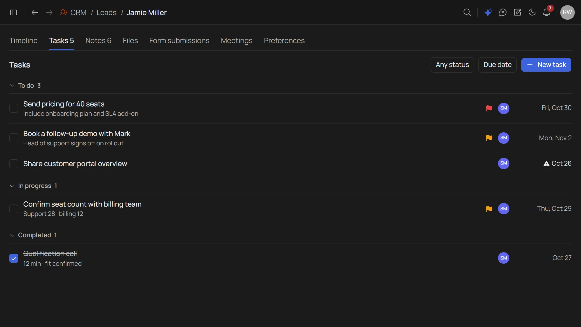 Tasks tab on a lead record grouped by status, with priority flags, owners and due dates