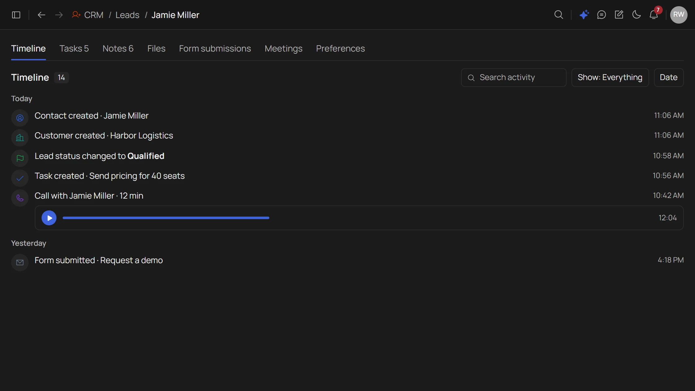 Timeline tab on a lead record with the form submission, call, task, status change and conversion