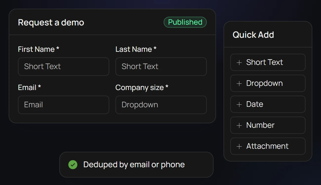 Request a demo form builder with contact details and an About your team section, a Quick Add panel of field types, and deduplication by email or phone