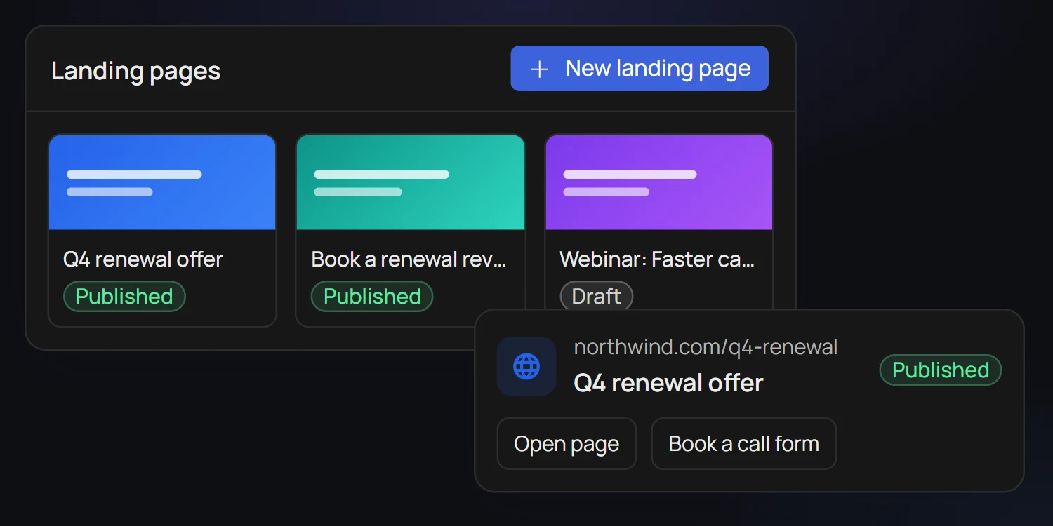 The Q4 renewal offer landing page, published at northwind.com/q4-renewal, with a Book a call form; other landing pages behind it