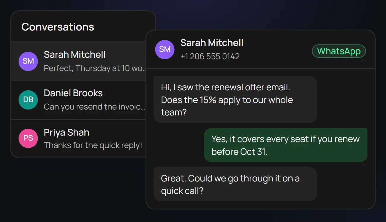 WhatsApp conversations list and a chat with Sarah Mitchell about the renewal offer
