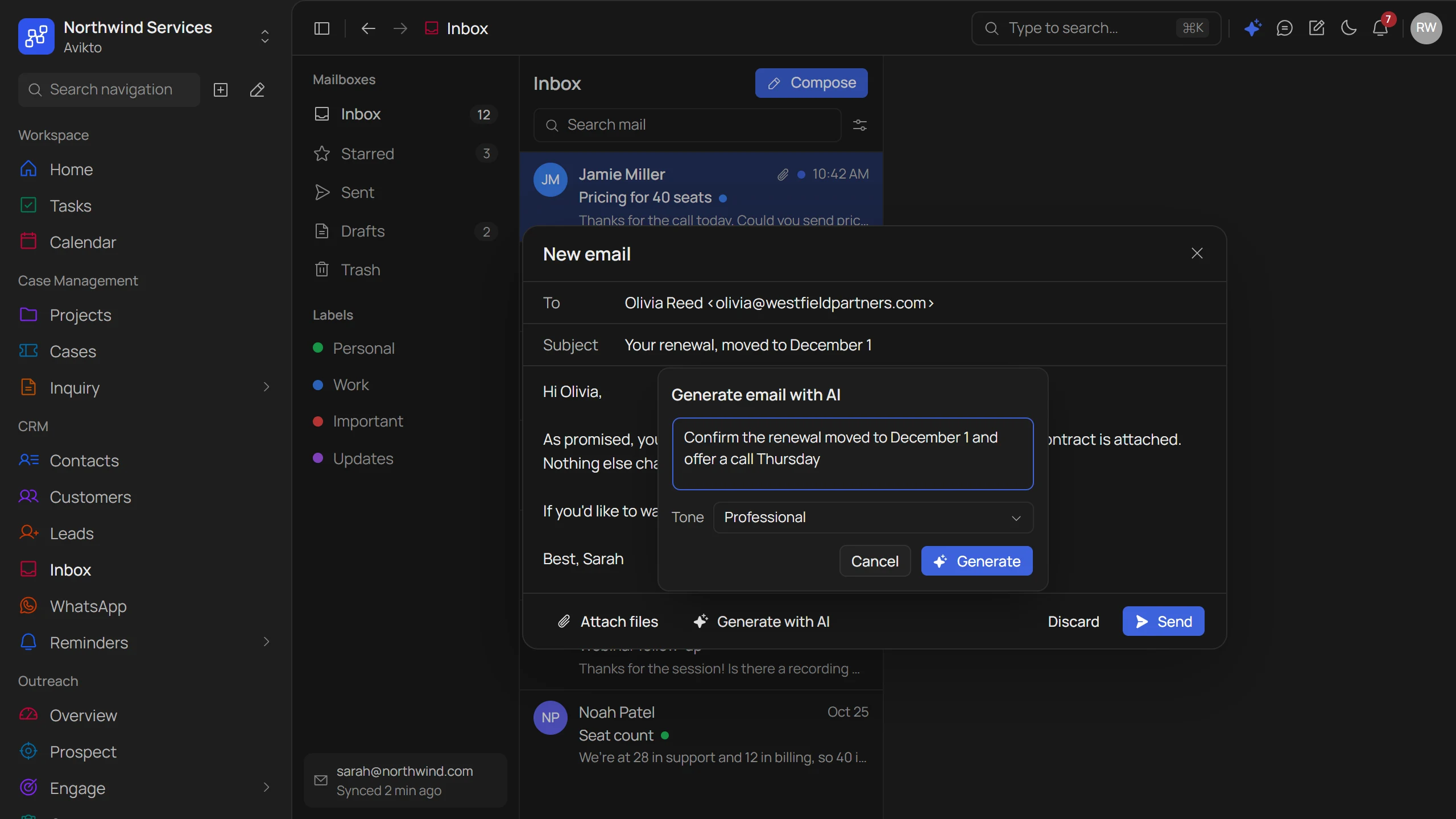 New email with Generate email with AI open: a one-line request, the Professional tone among six, and Generate