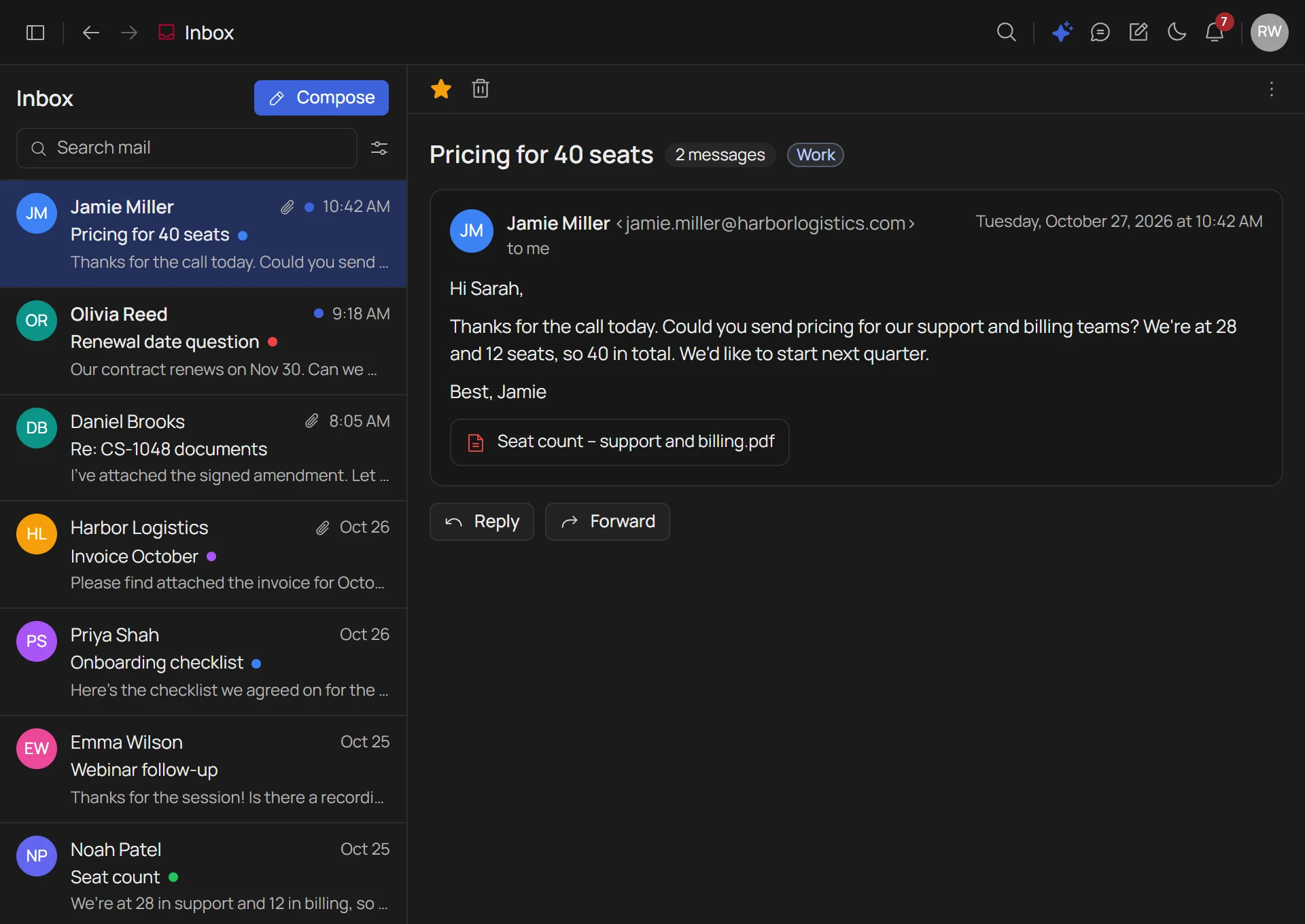 The Avikto inbox with emails from customers and an open thread with an attached seat count