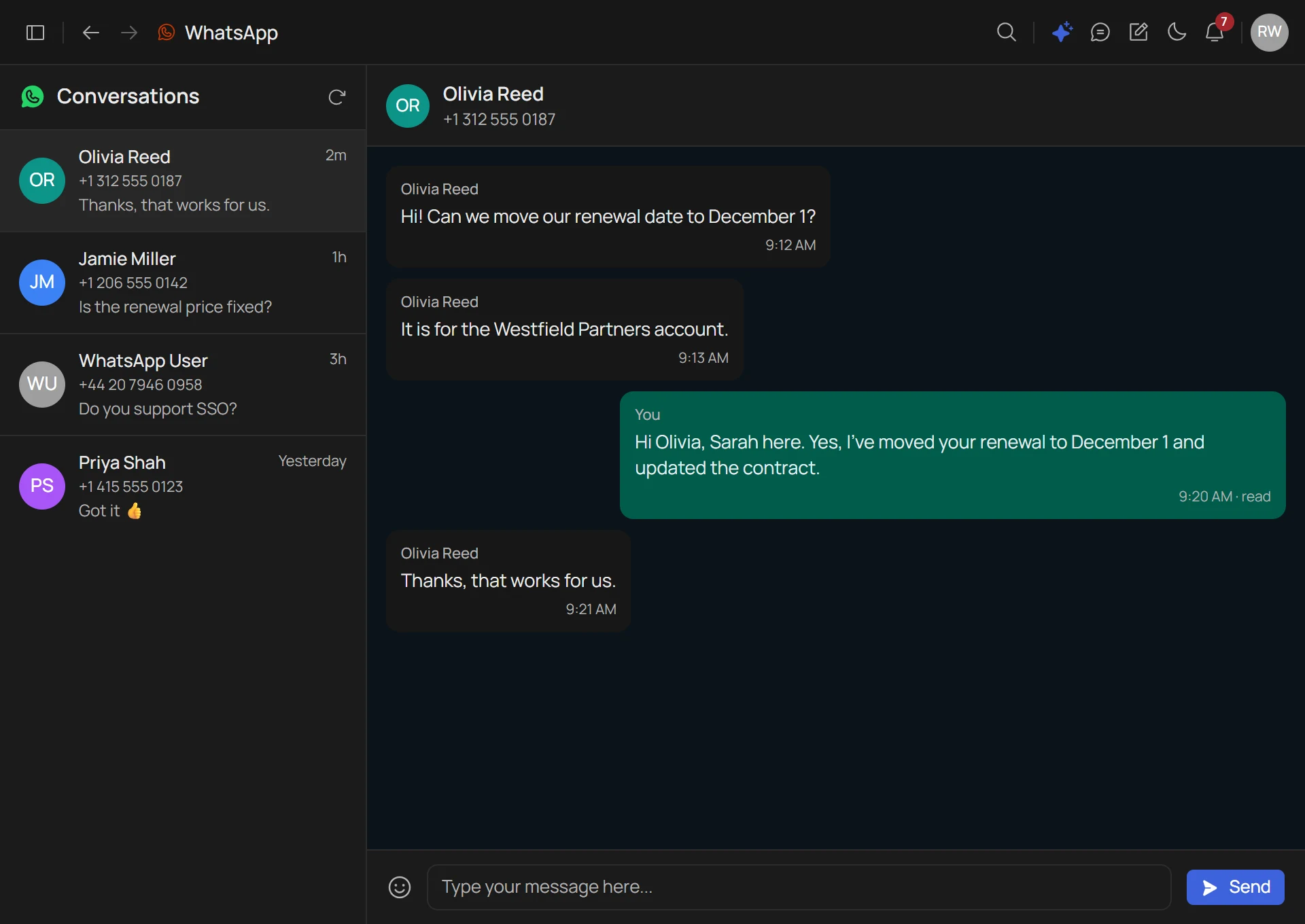 WhatsApp conversations in Avikto, with a chat about moving a renewal date