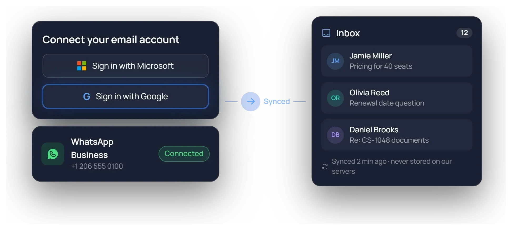 Connect your email account with Sign in with Microsoft or Sign in with Google, next to a connected WhatsApp Business provider