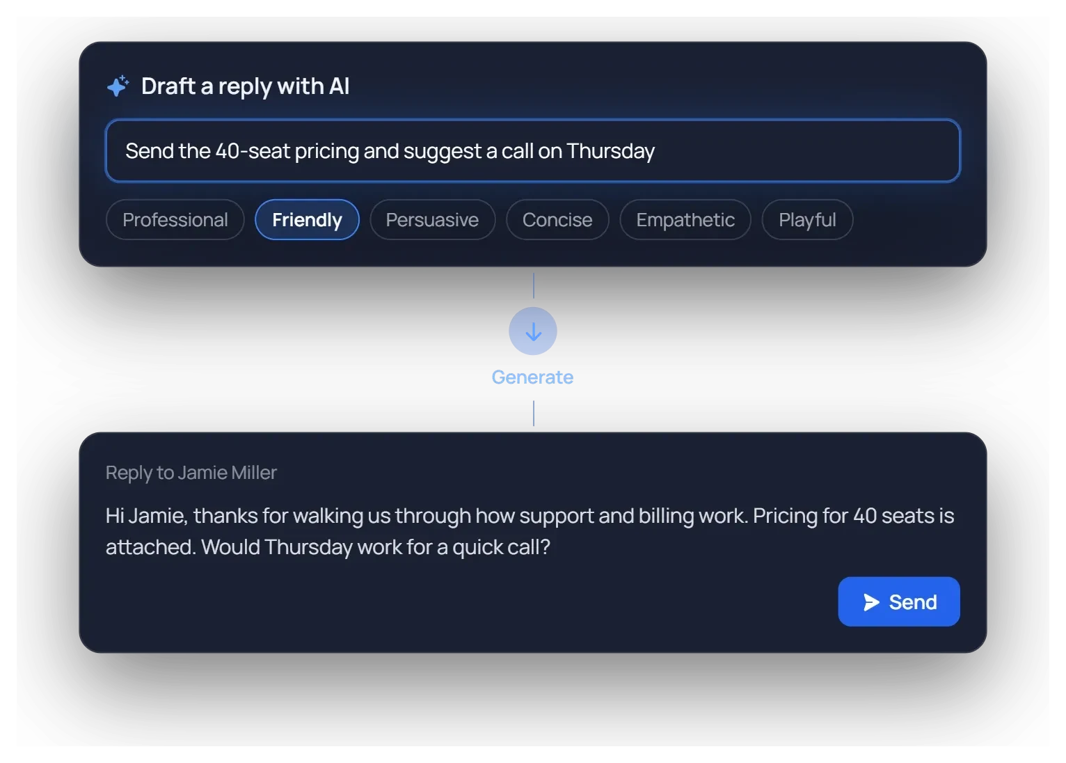 Draft a reply with AI: a one-line prompt and the Friendly tone selected among six tones, with Cancel and Generate