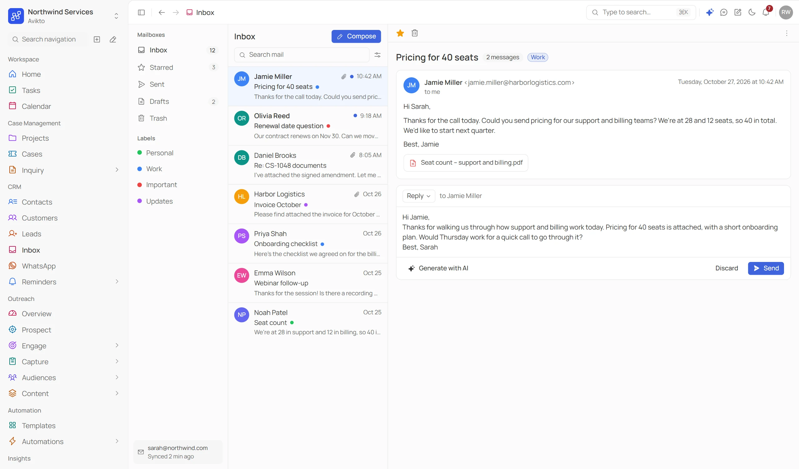 The Avikto inbox: mailboxes and labels, a list of customer emails, and an open thread with an AI-drafted reply ready to send